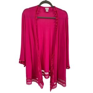 Chicos Haute Pink Tassel Crochet Trim Cardigan Sweater Duster Open Front  XL NWT